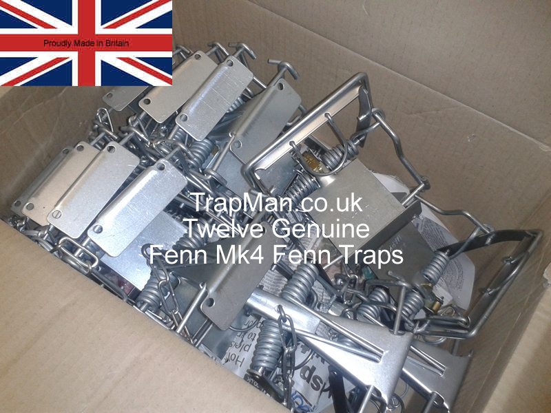 Genuine Mk4 Fenn traps for professional use, packed in 12 fenn traps for the optimum delivery cost, discount fenn trap in packs of 48 Mk4 Fenn traps and boxes of 96 genuine fenn traps.